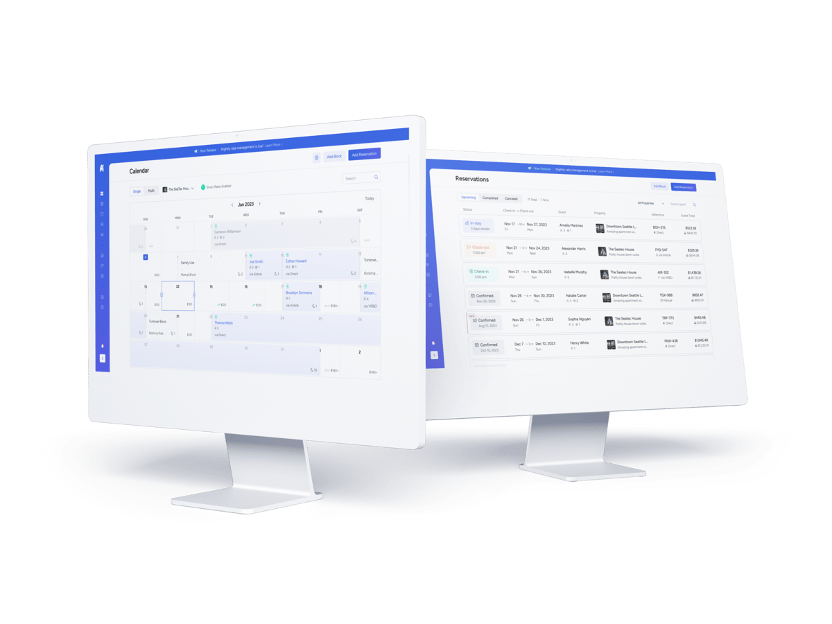 Futurestay calendar and reservations screens on two monitors, showing Airbnb, Vrbo and direct bookings together