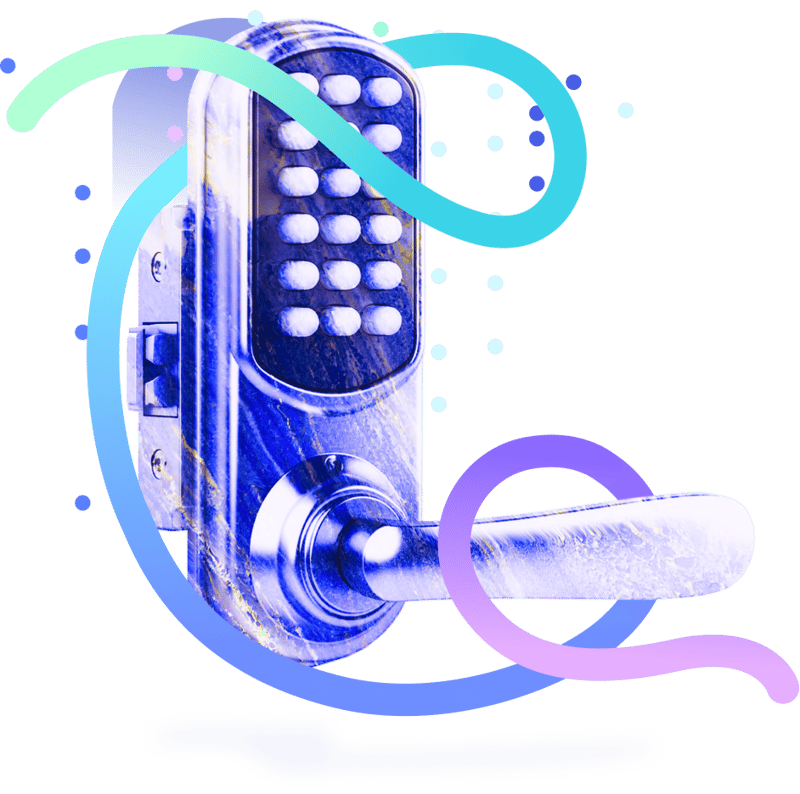 Illustration of a keypad door lock with a lever handle, wrapped in blue and purple swirls