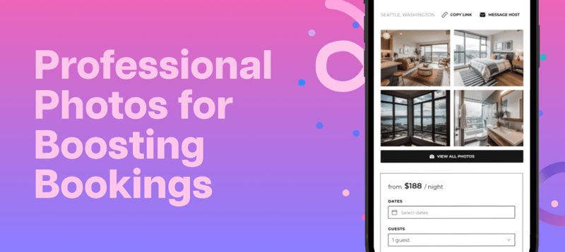 Phone showing a rental listing with a grid of interior photos, beside the title Professional Photos for Boosting Bookings