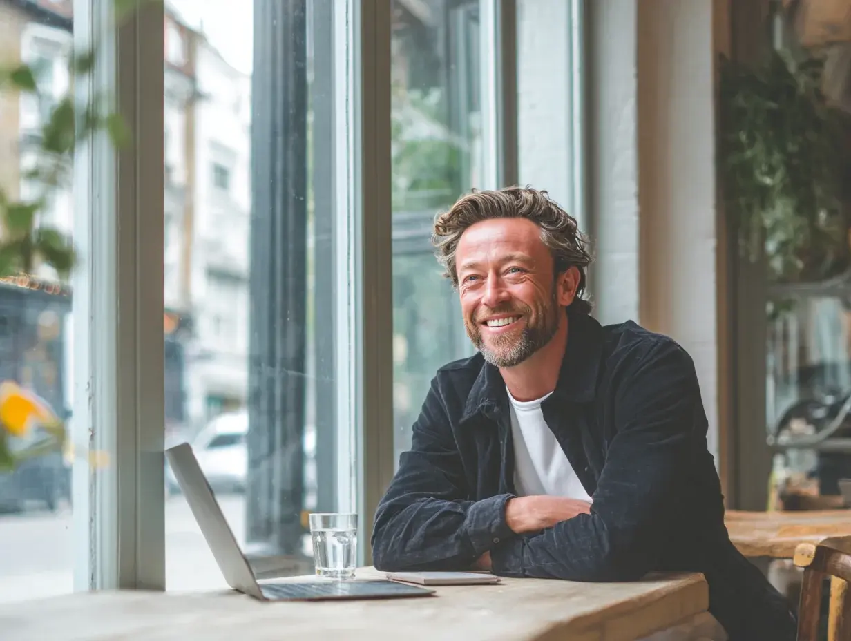 Short-term rental host working at coffee shop