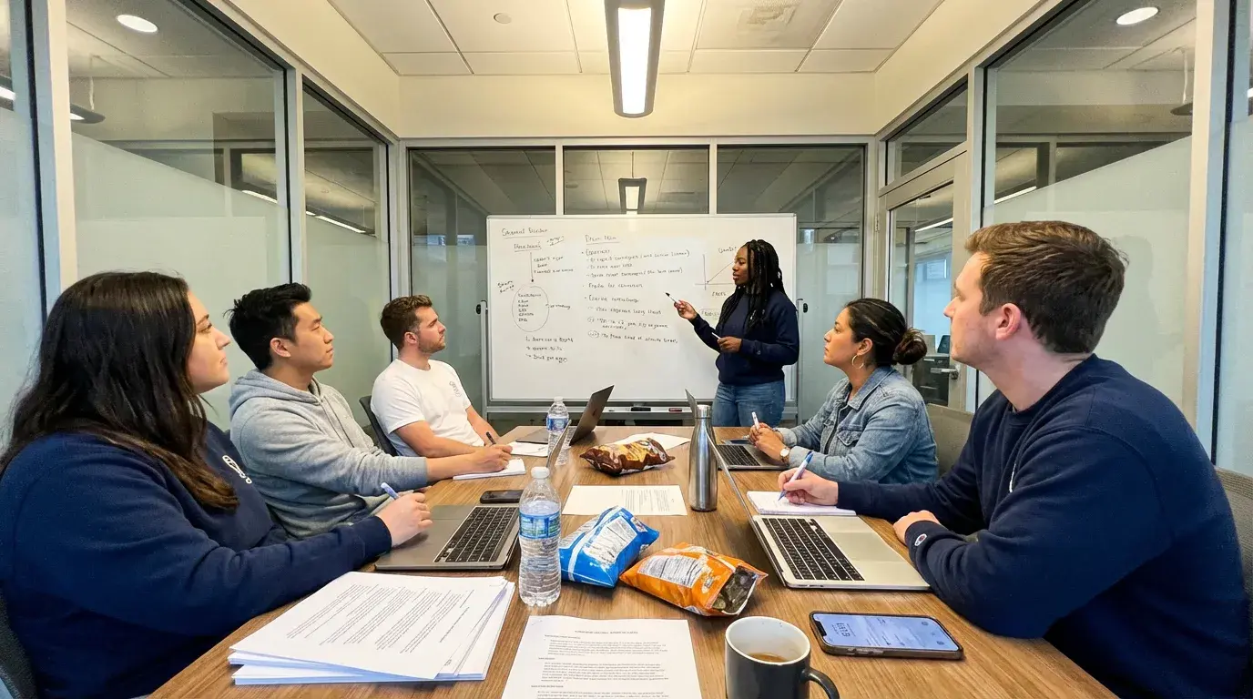 Team brainstorming at whiteboard